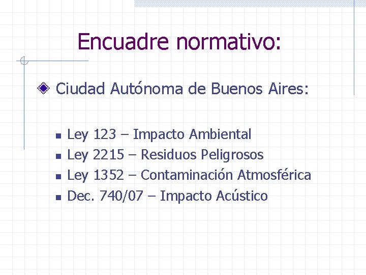 Encuadre normativo: Ciudad Autónoma de Buenos Aires: n n Ley 123 – Impacto Ambiental