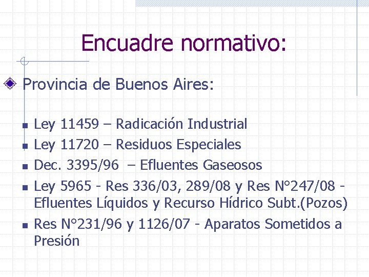 Encuadre normativo: Provincia de Buenos Aires: n n n Ley 11459 – Radicación Industrial