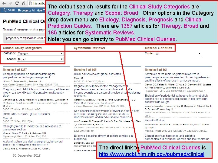 The default search results for the Clinical Study Categories are Category: Therapy and Scope: