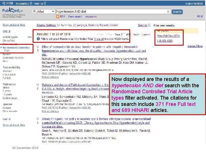 Now displayed are the results of a hypertension AND diet search with the Randomized