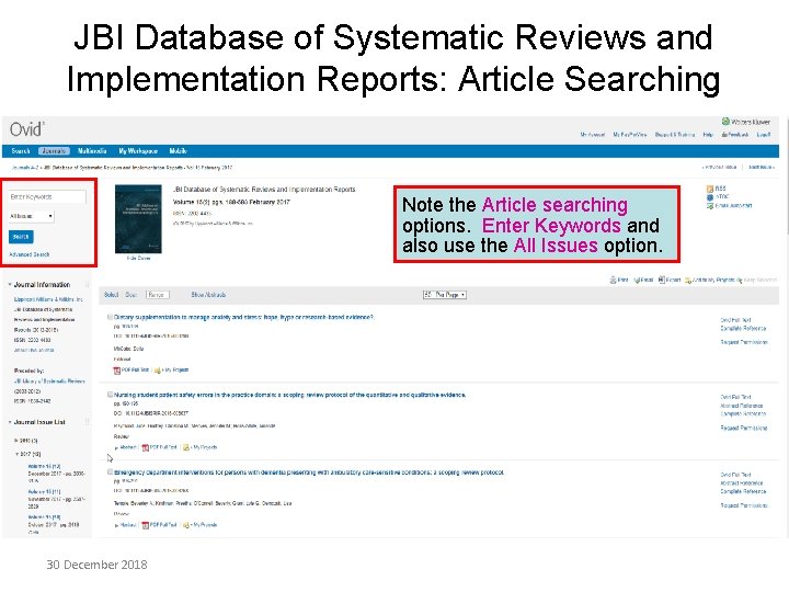 JBI Database of Systematic Reviews and Implementation Reports: Article Searching Note the Article searching