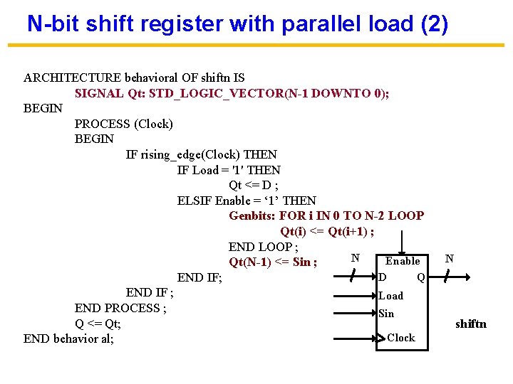 N-bit shift register with parallel load (2) ARCHITECTURE behavioral OF shiftn IS SIGNAL Qt: