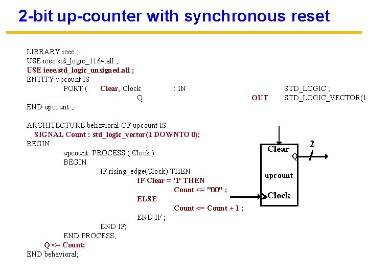 2 -bit up-counter with synchronous reset LIBRARY ieee ; USE ieee. std_logic_1164. all ;