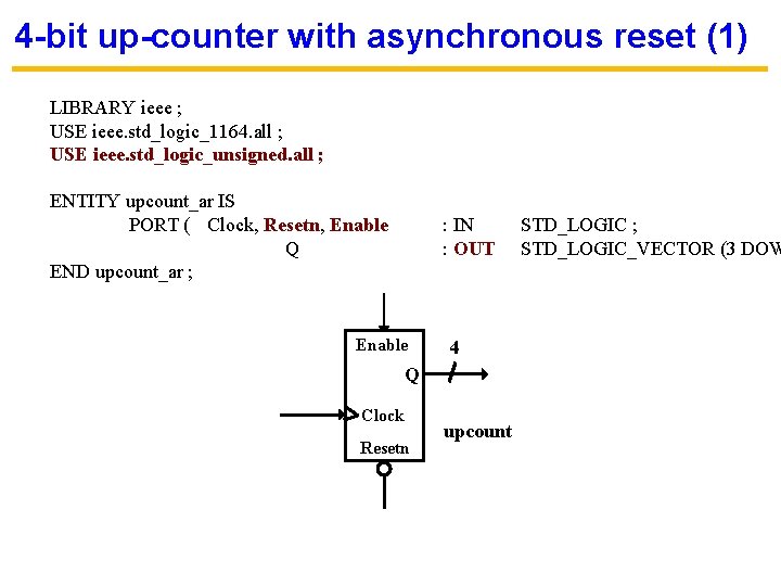 4 -bit up-counter with asynchronous reset (1) LIBRARY ieee ; USE ieee. std_logic_1164. all