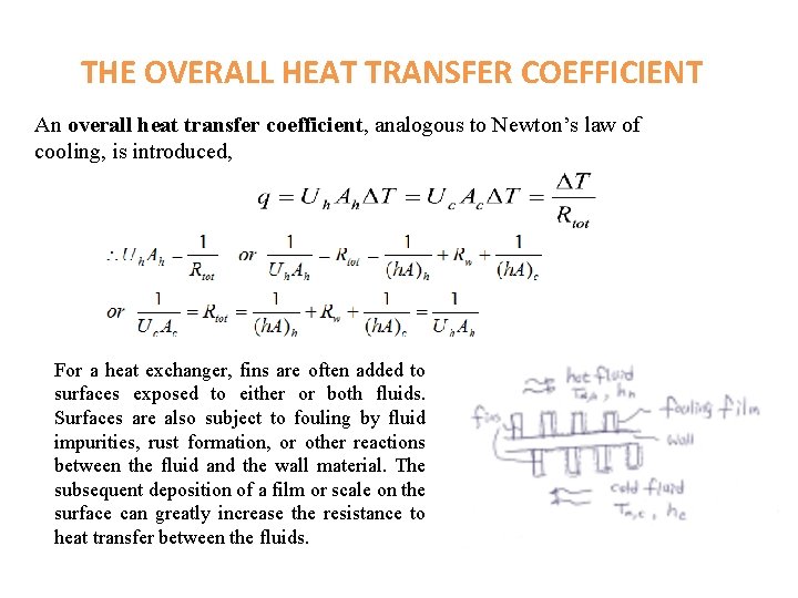 THE OVERALL HEAT TRANSFER COEFFICIENT An overall heat transfer coefficient, analogous to Newton’s law