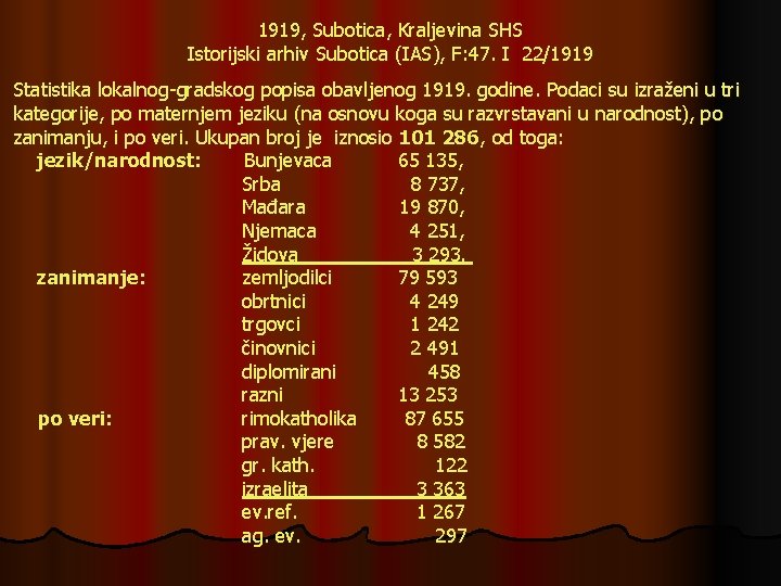 1919, Subotica, Kraljevina SHS Istorijski arhiv Subotica (IAS), F: 47. I 22/1919 Statistika lokalnog-gradskog