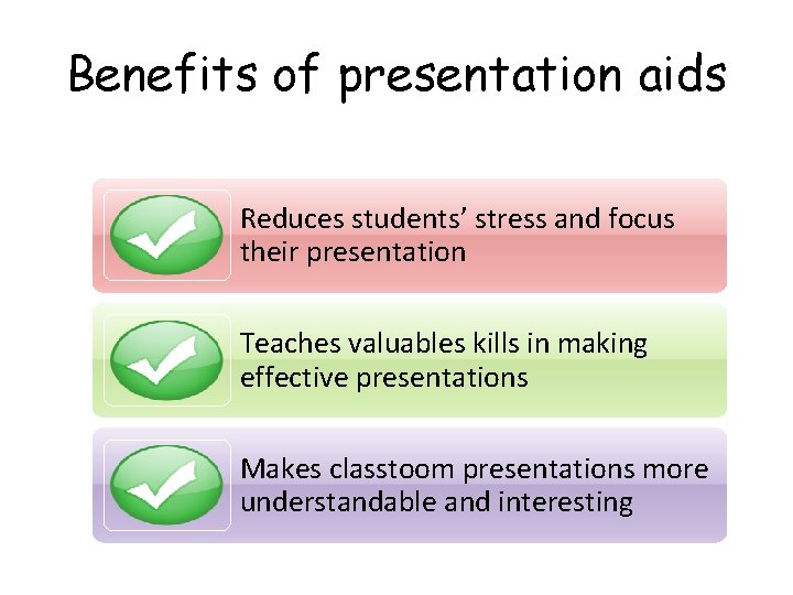 Benefits of presentation aids Reduces students’ stress and focus their presentation Teaches valuables kills