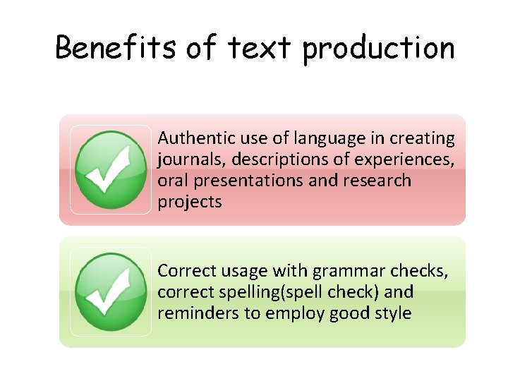 Benefits of text production Authentic use of language in creating journals, descriptions of experiences,