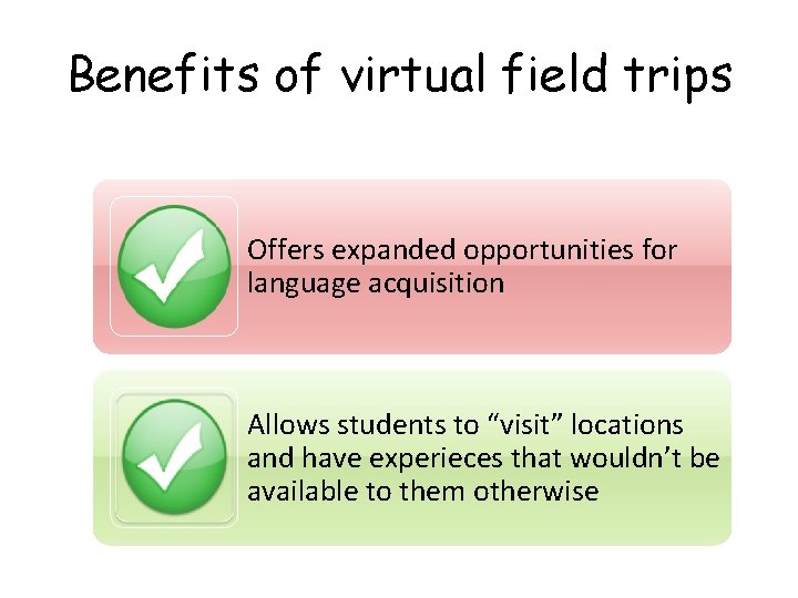 Benefits of virtual field trips Offers expanded opportunities for language acquisition Allows students to