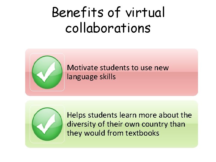 Benefits of virtual collaborations Motivate students to use new language skills Helps students learn