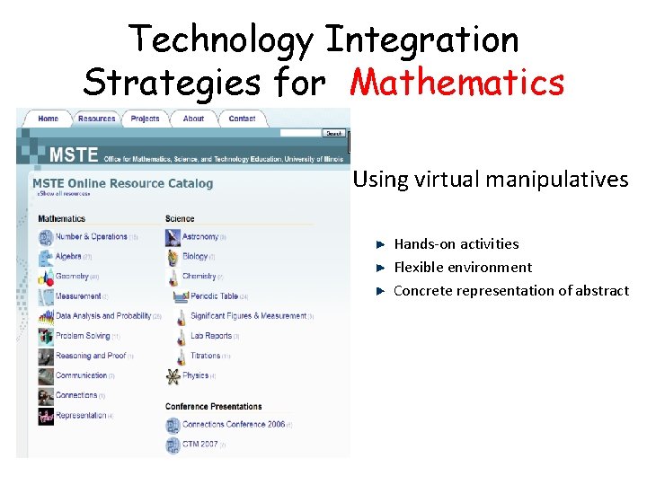 Technology Integration Strategies for Mathematics Using virtual manipulatives Hands-on activities Flexible environment Concrete representation