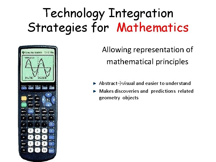 Technology Integration Strategies for Mathematics Allowing representation of mathematical principles Abstract→visual and easier to