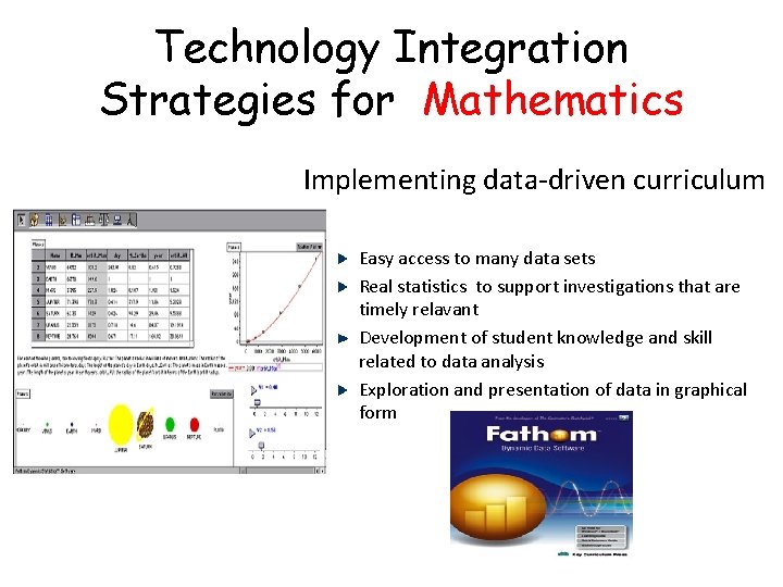Technology Integration Strategies for Mathematics Implementing data-driven curriculum Easy access to many data sets