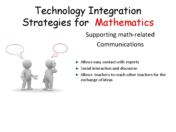 Technology Integration Strategies for Mathematics Supporting math-related Communications Allows easy contact with experts Social