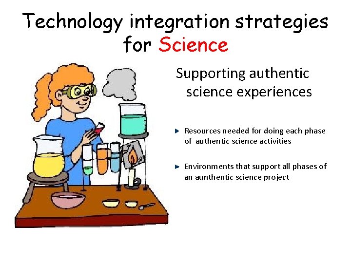 Technology integration strategies for Science Supporting authentic science experiences Resources needed for doing each