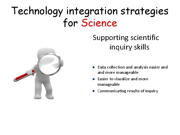 Technology integration strategies for Science Supporting scientific inquiry skills Data collection and analysis easier