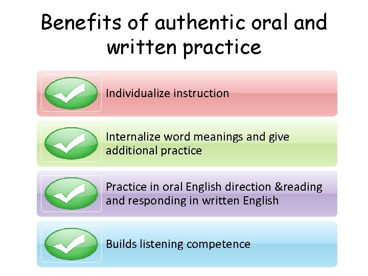 Benefits of authentic oral and written practice Individualize instruction Internalize word meanings and give