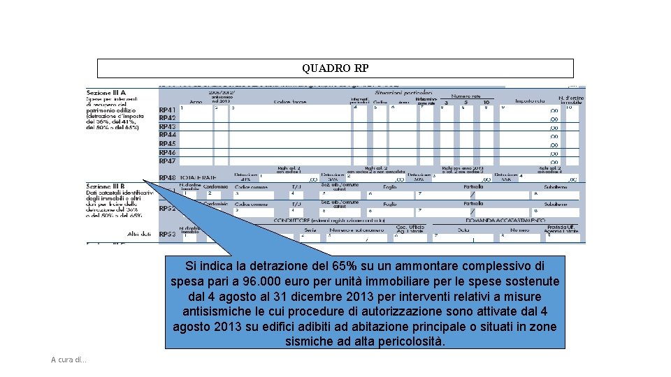 QUADRO RP Si indica la detrazione del 65% su un ammontare complessivo di spesa