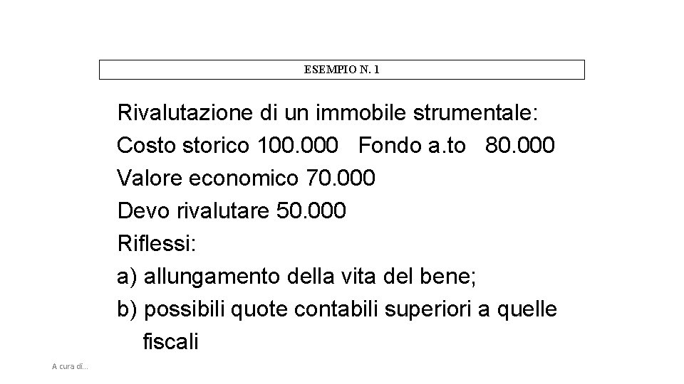 ESEMPIO N. 1 Rivalutazione di un immobile strumentale: Costo storico 100. 000 Fondo a.