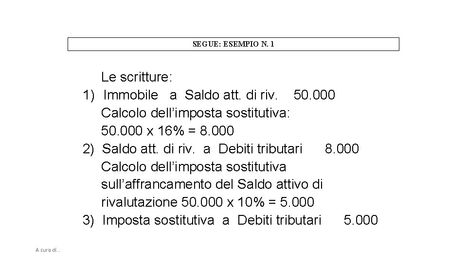 SEGUE: ESEMPIO N. 1 Le scritture: 1) Immobile a Saldo att. di riv. 50.