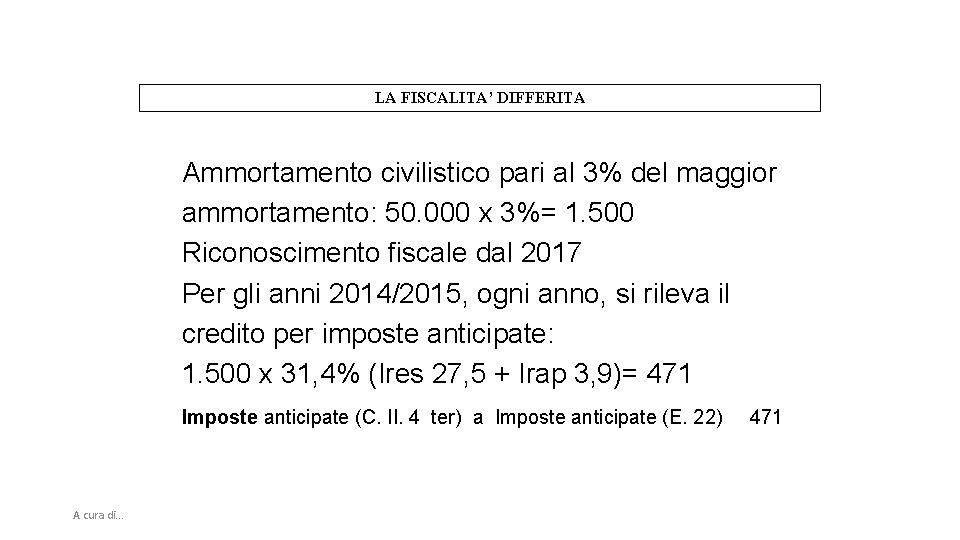 LA FISCALITA’ DIFFERITA Ammortamento civilistico pari al 3% del maggior ammortamento: 50. 000 x