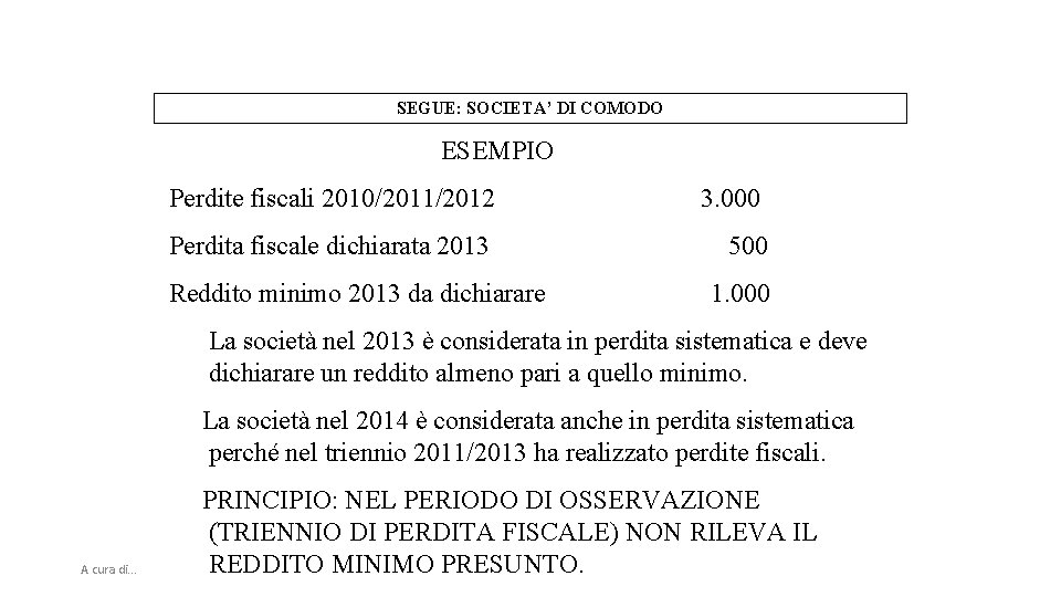 SEGUE: SOCIETA’ DI COMODO ESEMPIO Perdite fiscali 2010/2011/2012 3. 000 Perdita fiscale dichiarata 2013