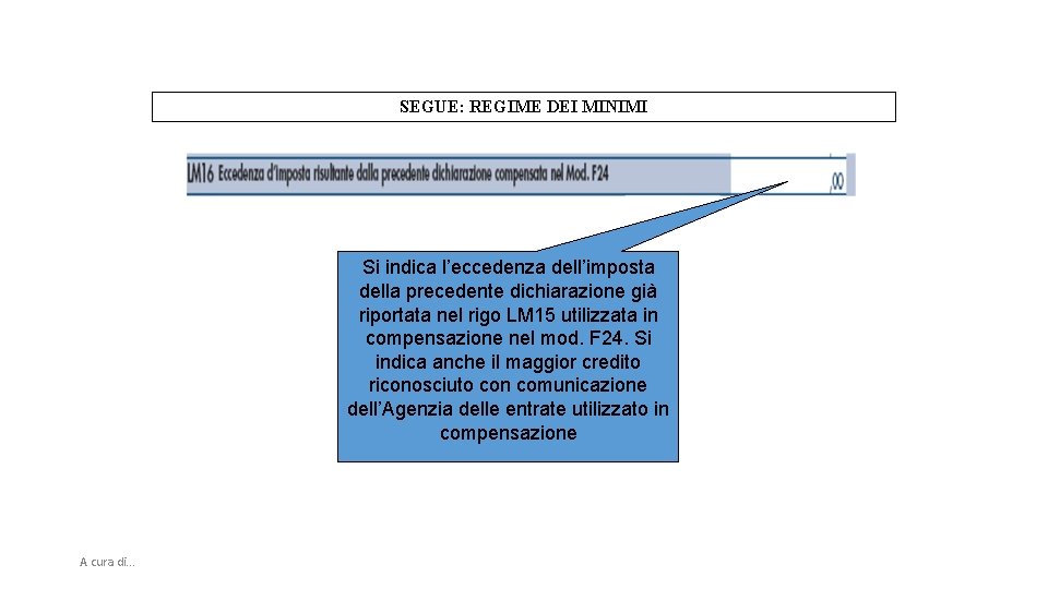 SEGUE: REGIME DEI MINIMI Si indica l’eccedenza dell’imposta della precedente dichiarazione già riportata nel