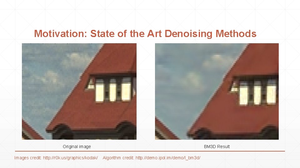 Motivation: State of the Art Denoising Methods BM 3 D Result Original image Images