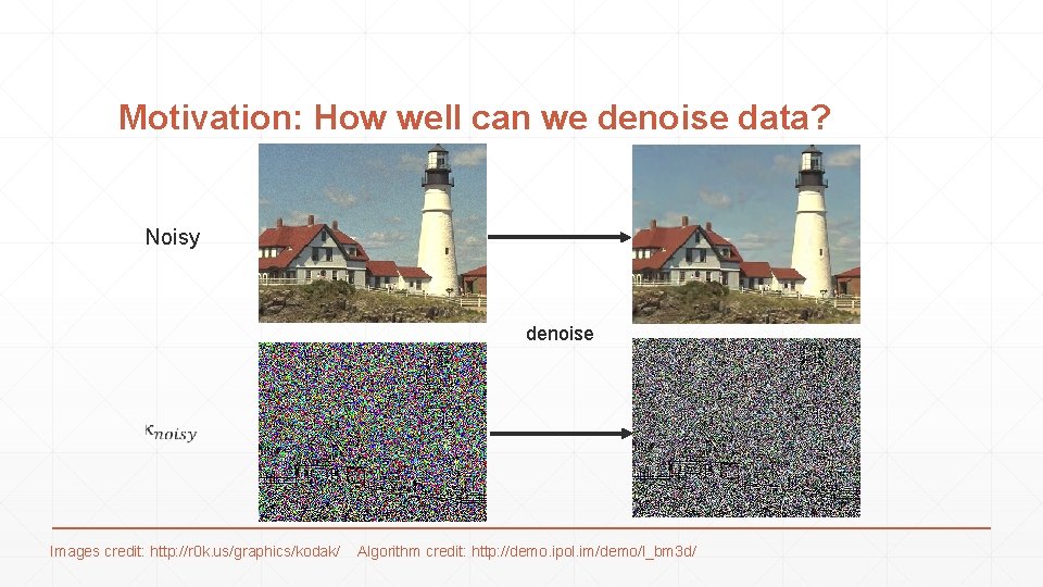 Motivation: How well can we denoise data? Noisy denoise Images credit: http: //r 0