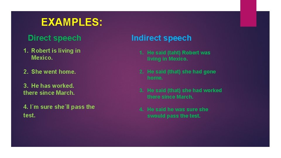 EXAMPLES: Direct speech Indirect speech 1. Robert is living in Mexico. 1. He said