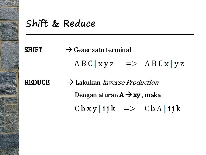 Shift & Reduce SHIFT Geser satu terminal ABC|xyz REDUCE => A B C x