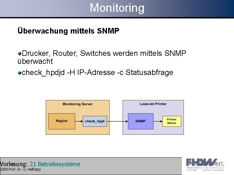 Monitoring Überwachung mittels SNMP Drucker, Router, Switches werden mittels SNMP überwacht check_hpdjd -H IP-Adresse