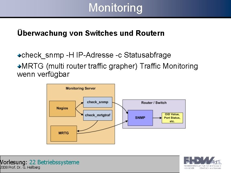 Monitoring Überwachung von Switches und Routern check_snmp -H IP-Adresse -c Statusabfrage MRTG (multi router