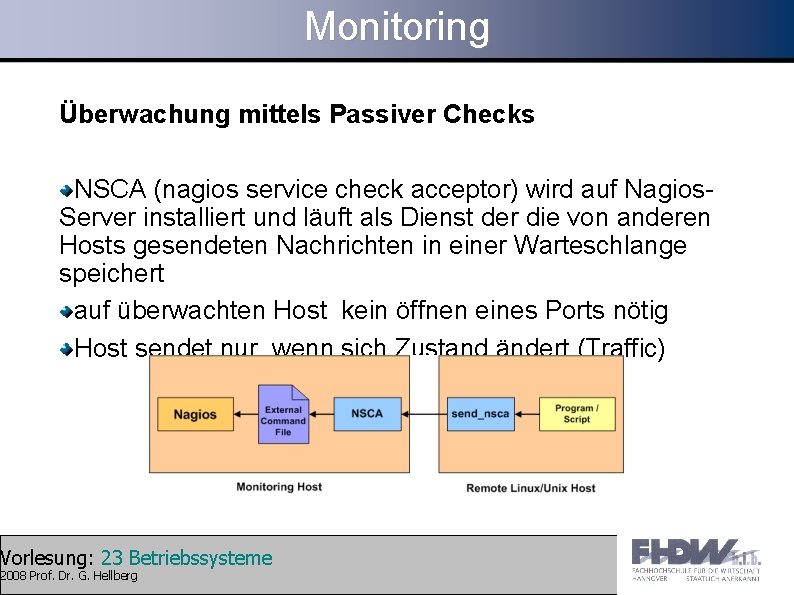 Monitoring Überwachung mittels Passiver Checks NSCA (nagios service check acceptor) wird auf Nagios. Server
