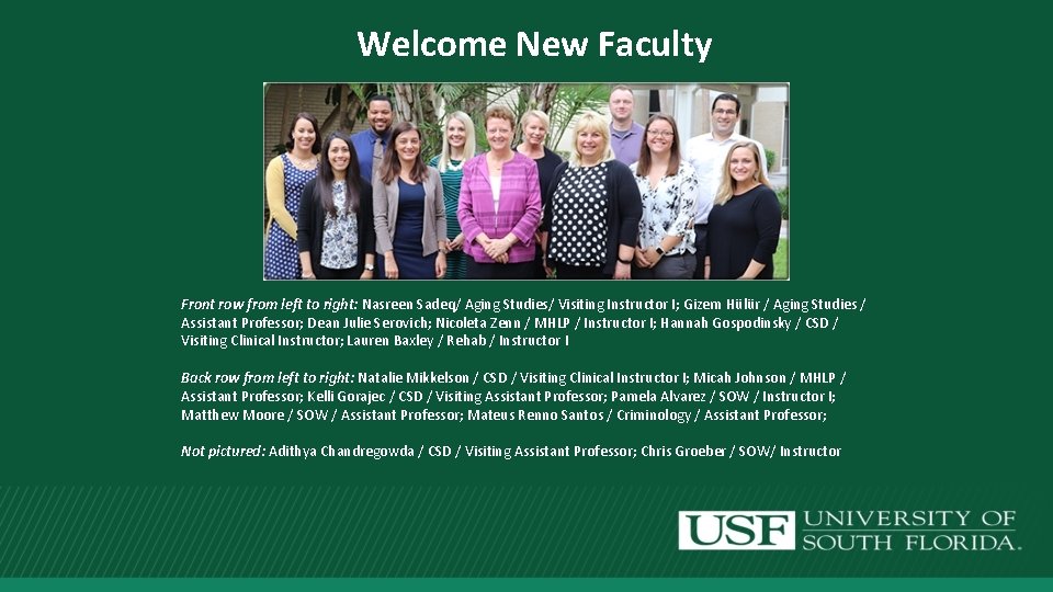 Welcome New Faculty Front row from left to right: Nasreen Sadeq/ Aging Studies/ Visiting