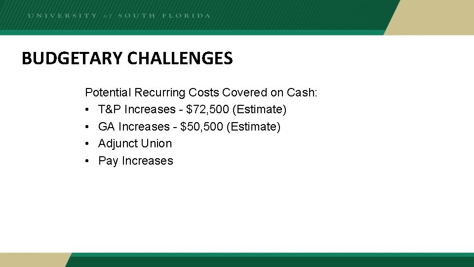 BUDGETARY CHALLENGES Potential Recurring Costs Covered on Cash: • T&P Increases - $72, 500