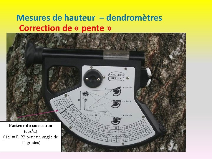 Mesures de hauteur – dendromètres Correction de « pente » Facteur de correction (cos