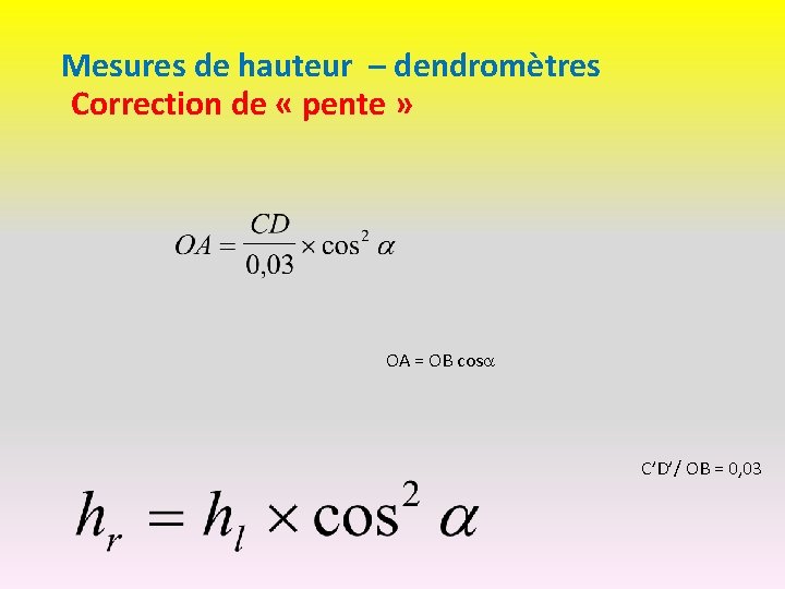 Mesures de hauteur – dendromètres Correction de « pente » OA = OB cos