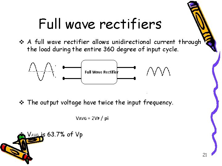 Full wave rectifiers v A full wave rectifier allows unidirectional current through the load