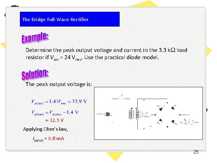 The Bridge Full-Wave Rectifier Determine the peak output voltage and current in the 3.