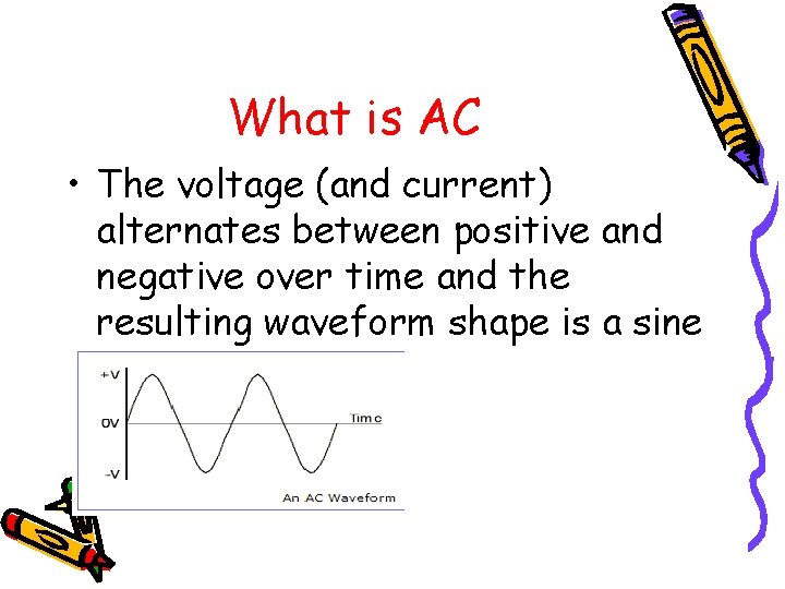 What is AC • The voltage (and current) alternates between positive and negative over