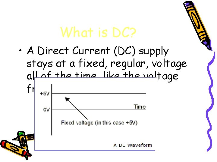 What is DC? • A Direct Current (DC) supply stays at a fixed, regular,