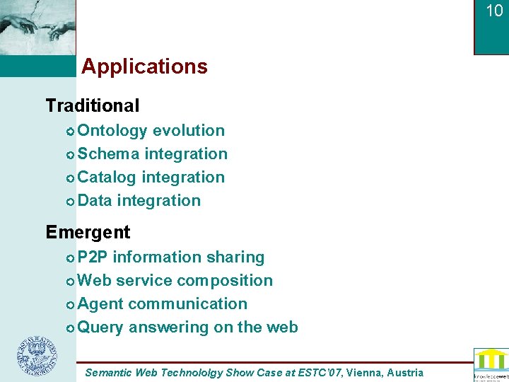 10 Applications Traditional Ontology evolution Schema integration Catalog integration Data integration Emergent P 2