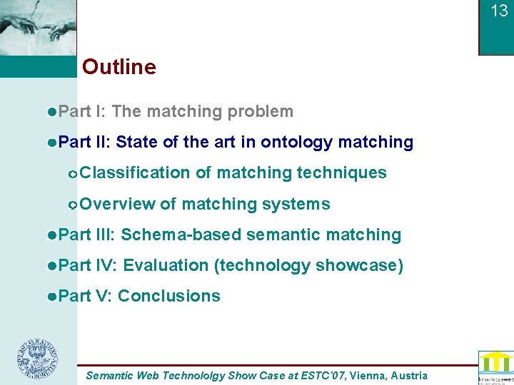 13 Outline Part I: The matching problem Part II: State of the art in