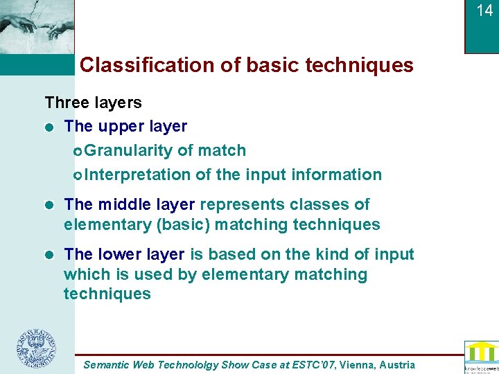 14 Classification of basic techniques Three layers The upper layer Granularity of match Interpretation