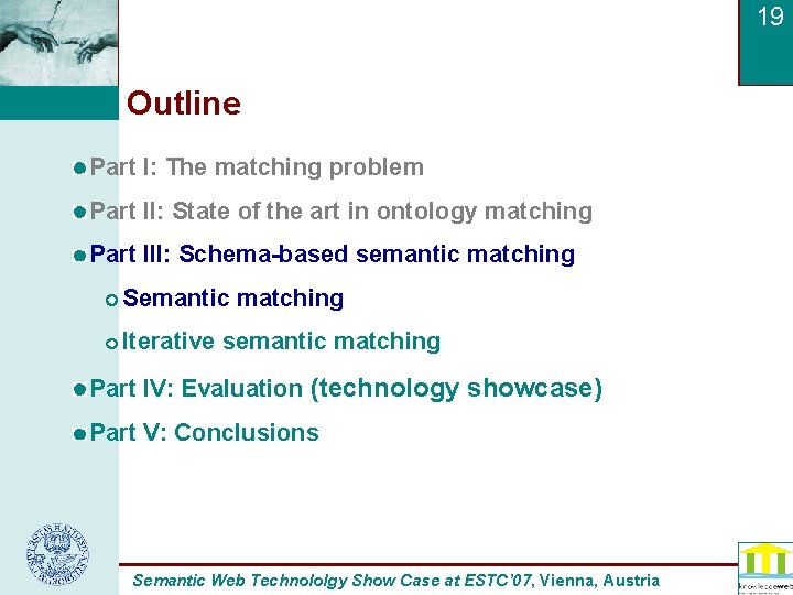 19 Outline Part I: The matching problem Part II: State of the art in