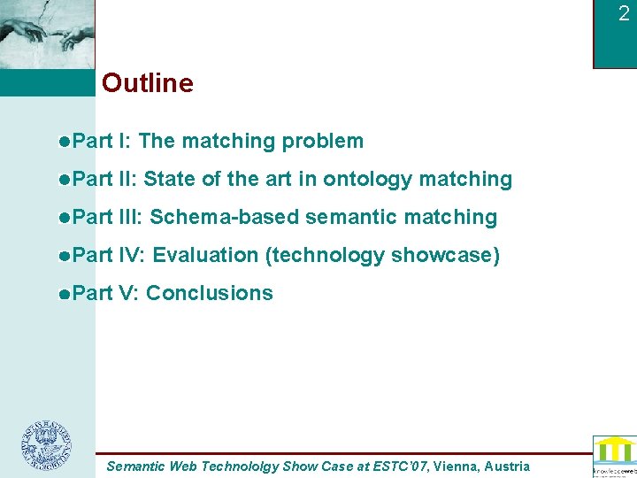 2 Outline Part I: The matching problem Part II: State of the art in