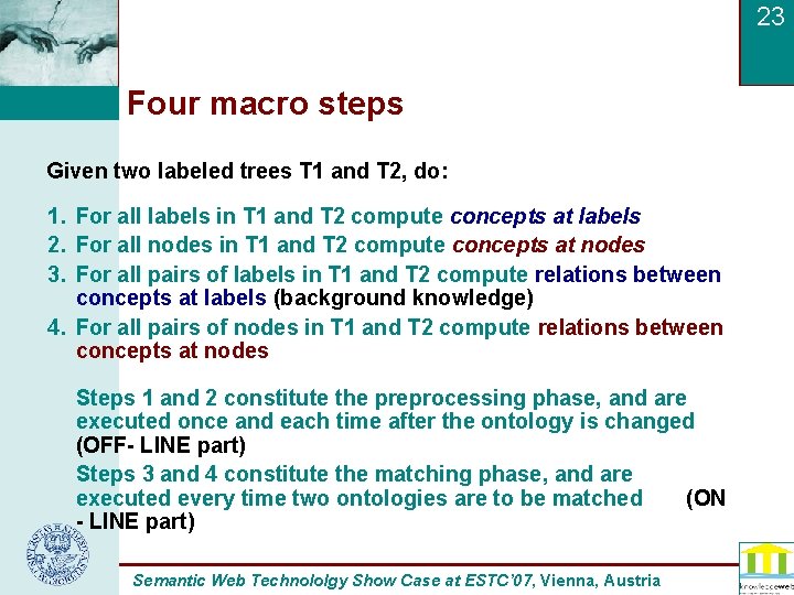 23 Four macro steps Given two labeled trees T 1 and T 2, do: