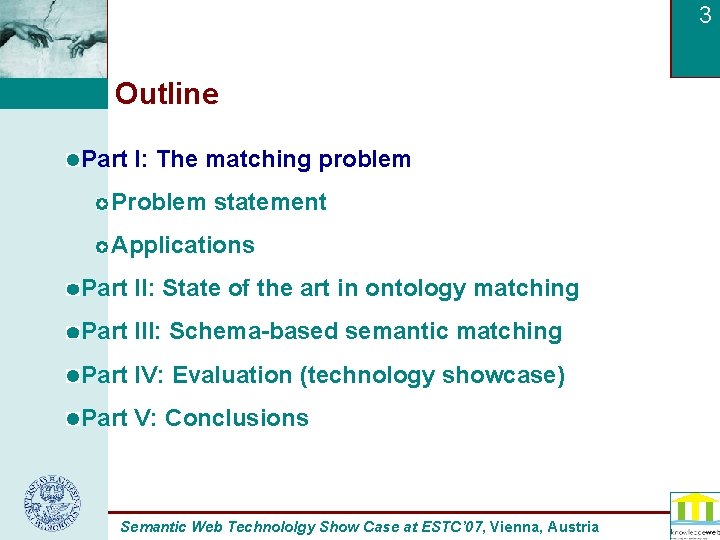 3 Outline Part I: The matching problem Problem statement Applications Part II: State of