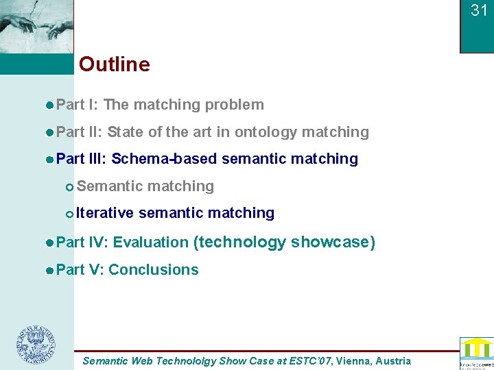 31 Outline Part I: The matching problem Part II: State of the art in